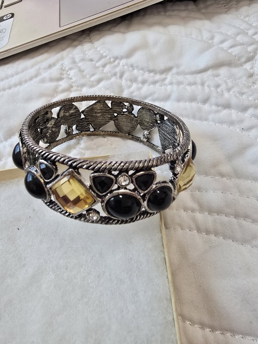 Vinyage Silver-Tone Black and Amber Stone Bangle Bracelet - Women Jewelry